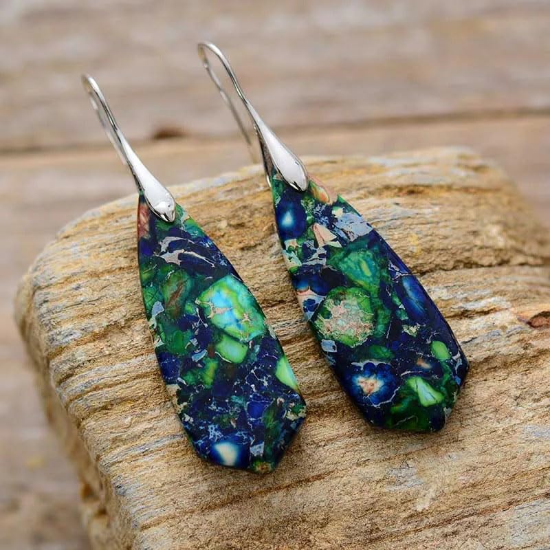 Boho Natural Imperial Jasper Teardrop Dangle Earrings for Women – Hypoallergenic French Hook Stone Drop Earrings Jewelry - color: Green Silvery Hook 2#