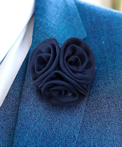 Premium Trio Cluster Flower Lapel Pin - Formal Boutonniere for Men, Flower Brooch Pin - color: Navy