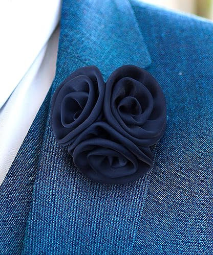 Premium Trio Cluster Flower Lapel Pin - Formal Boutonniere for Men, Flower Brooch Pin - color: Navy
