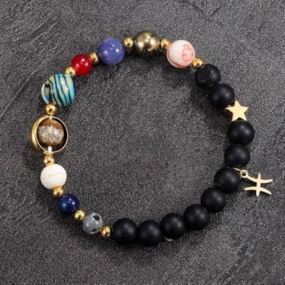 Solar System Planet Bead Zodiac Sign Stretch Bracelet for Men Women | Matte black beads with solar system planet stones, unisex design, perfect birthday holiday gift for men women - color: pisces