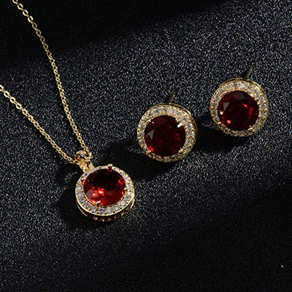 Bridal Crystal Jewelry Set - Sterling Silver Round Cubic Zirconia CZ Rhinestone Halo Birthstone Pendant Necklace Stud Earrings Set for Wedding Bride Bridesmaids Birthday Gift - color: Ruby Red