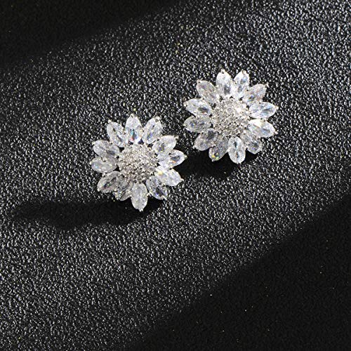 Crystal Flower Burst Stud Earirings - Big Sterling Silver CZ Cubic Zirconia Rhinestone Daisy Sunflower Floral Cluster Studs Bridal Wedding Party Prom Costume Jewelry for Bride Bridesmaids Women Birthstone Birthday Gift - color: Silver