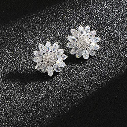 Crystal Flower Burst Stud Earirings - Big Sterling Silver CZ Cubic Zirconia Rhinestone Daisy Sunflower Floral Cluster Studs Bridal Wedding Party Prom Costume Jewelry for Bride Bridesmaids Women Birthstone Birthday Gift - color: Silver