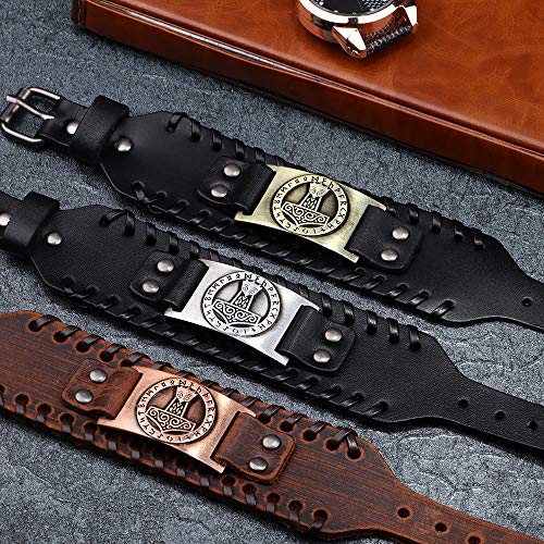 GelConnie Viking Bracelet Punk Leather Cuff Bracelet Gothic Leather Wristband Bracelet with Nordic Amulet Scandinavian Talisman Celtic Pagan Jewelry - color: Brown Mjolnir