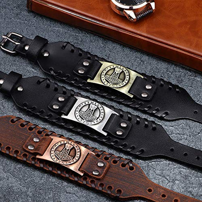 GelConnie Viking Bracelet Punk Leather Cuff Bracelet Gothic Leather Wristband Bracelet with Nordic Amulet Scandinavian Talisman Celtic Pagan Jewelry - color: Brown Mjolnir
