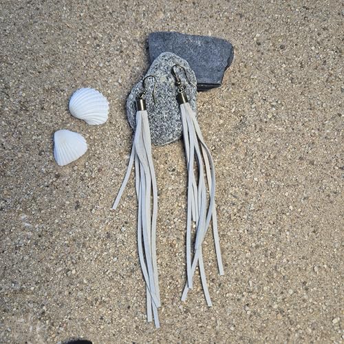 Handmade Genuine Leather Earrings for Women – Long Teardrop Boho Dangles, Lightweight Statement Fashion Jewelry - style: Springs-Grayish White