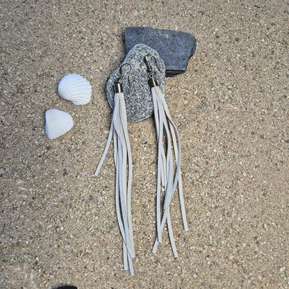 Handmade Genuine Leather Earrings for Women – Long Teardrop Boho Dangles, Lightweight Statement Fashion Jewelry - style: Springs-Grayish White