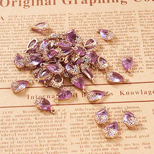 FASHEWELRY 50Pcs Faceted Transparent Glass Teardrop Pendants Crystal Glass Dangle Oval Drop Bead Charms with Golden Flower Open Back Settings for Jewelry Craft Making (Medium Purple) - color: Purple