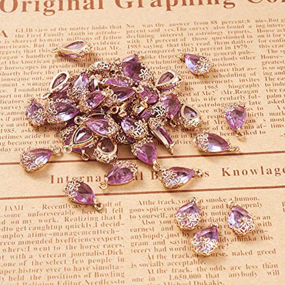 FASHEWELRY 50Pcs Faceted Transparent Glass Teardrop Pendants Crystal Glass Dangle Oval Drop Bead Charms with Golden Flower Open Back Settings for Jewelry Craft Making (Medium Purple) - color: Purple