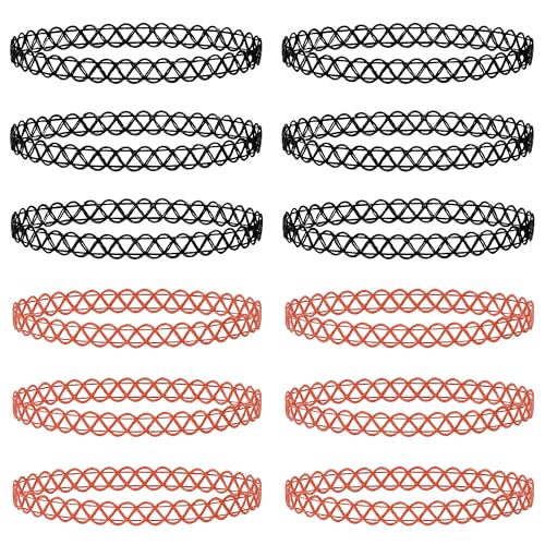 BodyJ4You 12PC Tattoo Choker Necklace - 90s Accessories 2000s Jewelry Y2K Fashion Vintage Trendy - Rainbow Goth Black Pink Green Blue White - Adjustable Stretchy Elastic Necklace Summer Vacation Set - color: Black, Red