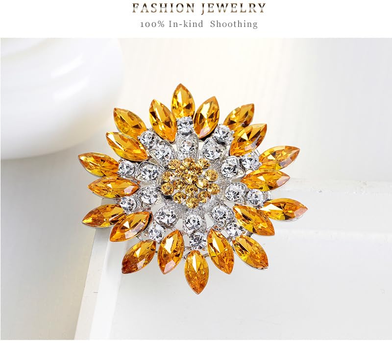Rhinestone Sunflower Brooch for Women Sparkling Cubic Zirconia Flower Brooch Pin Elegant Large Crystal Floral Lapel Pin Dainty Clothing Hat Bag Accessories Christmas Wedding Bridal Birthday Jewelry - color: Yellow