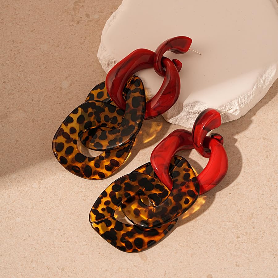 Exaggerated Leopard Dangle Earrings for Women Large Red Leopard Print Hoop Link Dangling Earrings Trendy Big Acrylic Irregular Circle Link Drop Earrings Chunky Red Cheetah Print Resin Jewelry Gift
