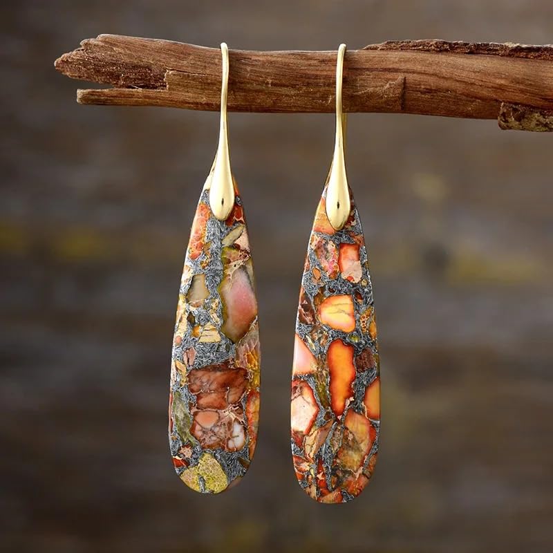 Boho Natural Imperial Jasper Teardrop Dangle Earrings for Women – Hypoallergenic French Hook Stone Drop Earrings Jewelry - color: Orange Golden Hook