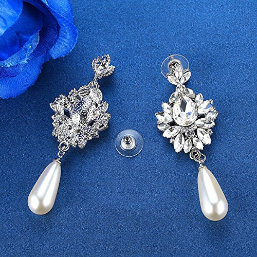 Flower Teardrop Bridal Wedding Dangle CZ Earrings in Silver/Gold Tone for Women Girl Bride Gift … - color: H-Clear