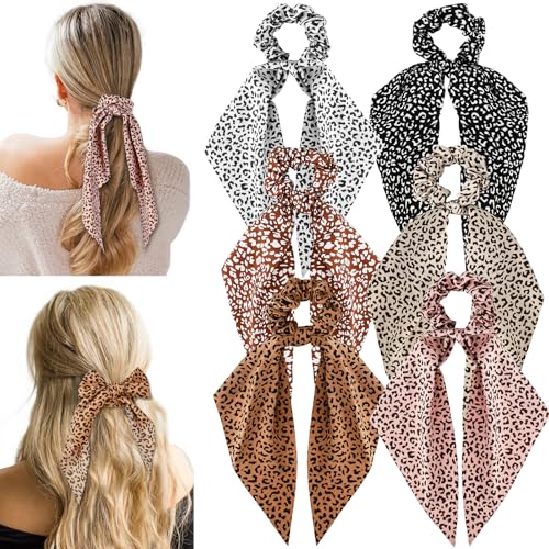 6 PCS Bow Silk Scrunchies, Hair Ties with Bows, Hair Scarf Scrunchies | Knotted Scrunchie Bow for Women, Satin Hair Ribbon Elastic Hair Tie Hair Accessories, Long, Tortoise Shell - color: Tortoise Shell-B