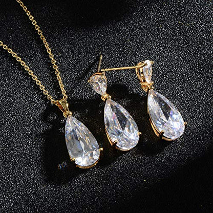 Wedding Jewelry Set for Bridesmaids - Sterling Silver Teardrop CZ Crystal Cubic Zirconia Rhinestone Diamond Bridal Necklace Earrings Set for Bride Mother of Bride Party Prom Birthstone Costume Jewelry - color: Nov-Topaz