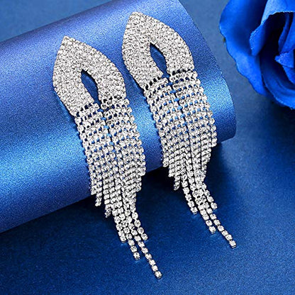 Silver Rhinestone Crystal Bridal Chandelier Long Tassels Dangle Earrings for Wedding - color: D-4