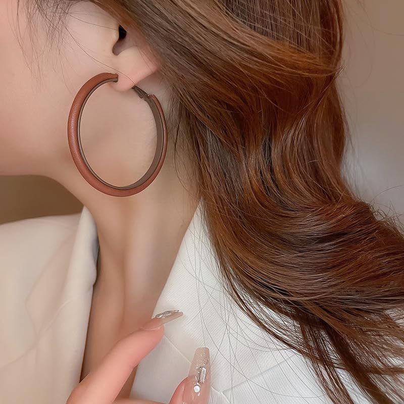 Hoop Earrings for Women Leather Hoop Earrings-Medium/Large Hoops-Lightweight hoop - color: Brown