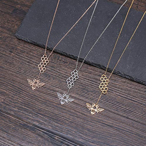 18K Gold Plated Stainless Steel Bee Honeycomb Pendant Necklace, Adjustable Y Lariat Conch/Guitar/Horseshoe Necklace for Women - color: Rose Gold, style: Bee