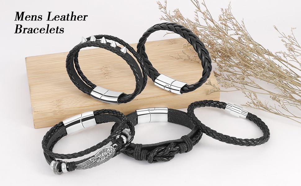 6-12PCS Braided Faux Leather Bracelet Punk Cuff Wrap Bracelets for Men Women Adjustable - color: E2:5PCS