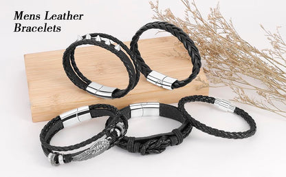 6-12PCS Braided Faux Leather Bracelet Punk Cuff Wrap Bracelets for Men Women Adjustable - color: E2:5PCS