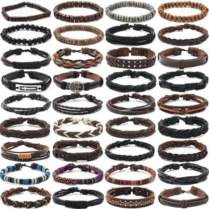 36Pcs Braided Leather Bracelets for Men Women Wrap Wood Beads Cuff Bracelet Hemp Cords Ethnic Tribal Handmade Wrap Wristband Bracelets Set Adjustable