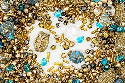 2.1oz (60 g) Mix of Unique Czech Bohemia Glass Pressed Beads, Rocailles, Aztec Pale Gold Crystal, Matte and Glossy, Hand Made BCV - color: Aztec Pale Gold Blue