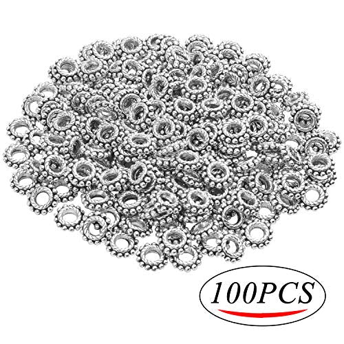 BronaGrand 100pcs 8mm Spacer Beads Tibetan Alloy Bead Spacers for DIY Necklace Bracelets Crafting,Gear-Shaped - color: Silver
