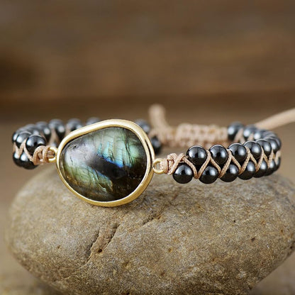 Women Boho Wrap Bracelet,Handmade Natural Stone Crystal Emperor Beads Heart Bracelet, Fashion Bohemian Jewelry Gift for Women - color: Labradorite 2#