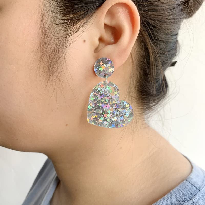 Exaggerated Acrylic Round Rectangle Heart Shape Glitter Sequins Dangle Drop Earring Boho Lightweight Geometric Circle Sequin Stud Statement for Women Girls 60s 70s Y2K Jewelry Gifts - color: B heart