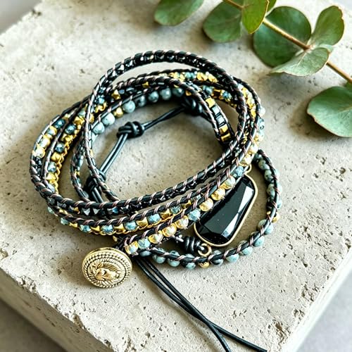 Plumiss Women Boho Handmade Natural Stone Crystal Leather Bead Wrap Bracelets Collection - style: Black Onxy-Ne