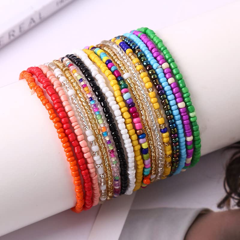 Soyzvteo 17Pcs Elastic Beaded Bracelets Bohemian Stackable Beaded Stretch Bracelets Colorful Boho Beach Bracelet Set Rainbow Handmade Seed Beach Bracelet Jewelry - color: 17Pcs