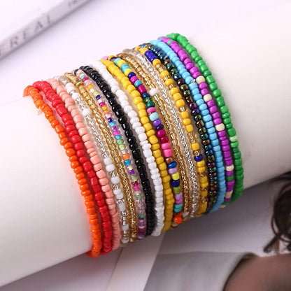 Soyzvteo 17Pcs Elastic Beaded Bracelets Bohemian Stackable Beaded Stretch Bracelets Colorful Boho Beach Bracelet Set Rainbow Handmade Seed Beach Bracelet Jewelry - color: 17Pcs