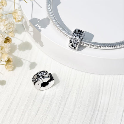 925 Sterling Silver Openable Clip Spacer Bead Fits Pandora Bracelet | Hypoallergenic Clip Stopper Charm, Star Clover Butterfly Floral Mom Heart Paved Zircon Gift for DIY Charm Bracelet Jewelry - color: Moon Star