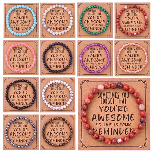12Pcs Inspirational Beaded Bracelets, 6mm Natural Stone & Glass Beads, Elastic Stretch Bracelet Set with You're Awesome Message Cards, Handmade Healing Chakra Bracelets Bulk for Women Men, Birthday Christmas Friendship Gift