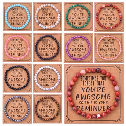 12Pcs Inspirational Beaded Bracelets, 6mm Natural Stone & Glass Beads, Elastic Stretch Bracelet Set with You're Awesome Message Cards, Handmade Healing Chakra Bracelets Bulk for Women Men, Birthday Christmas Friendship Gift