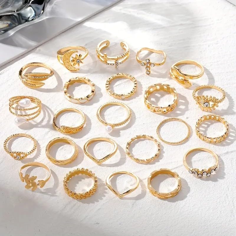 Golden Knuckle Rings Set for Women, 14k Golden Plated Open Stacking Knuckle Midi Rings Dainty Cubic Zirconia Crystal Simple Hollow Cute Rings Pack Jewelry Gifte - color: Golden 26PCS