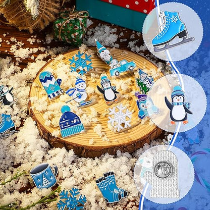 Giegxin 40 Pcs Winter Pins Bulk Snowflake Snowman Blue and White Brooch Holiday Lapel Pin Polar Bear Penguin Jewelry for Backpack Clothes Bags Accessories Gifts - style: Snowflake
