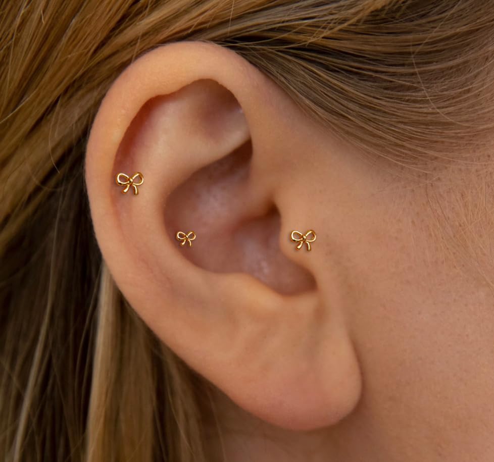 20G/18G/16G Titanium Flat Back Earrings, Threadless Nose Stud Tiny Stud Earrings, Cartilage Tragus Piercing Jewelry Conch Helix Stud - color: Bow (gold 3pcs), size: 16ga(1.2mm)