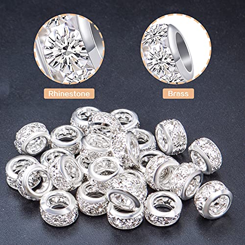 BronaGrand 40pcs 10 mm Silver European Rhinestone Spacer Beads Brass Large Hole Beads Round Rondelle Loose Charm Beads for Snake Chain Bracelet Necklace Jewelry Making Supplies, Hole: 5.5 mm - color: Silver, size: 10MM