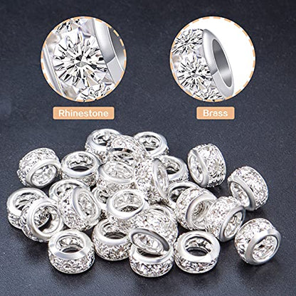 BronaGrand 40pcs 10 mm Silver European Rhinestone Spacer Beads Brass Large Hole Beads Round Rondelle Loose Charm Beads for Snake Chain Bracelet Necklace Jewelry Making Supplies, Hole: 5.5 mm - color: Silver, size: 10MM