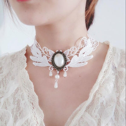 Goth Black Choker Necklace Crystal Bead Pendant Necklace for Women Gothic Velvet Lace Choker Halloween Vampire Witch Cosplay - color: E-White