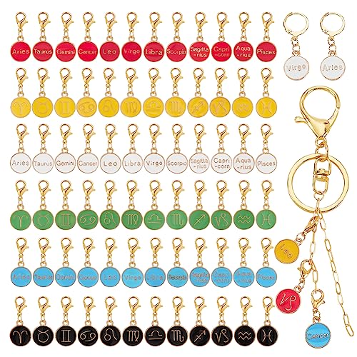 PH PandaHall 72pcs 12 Constellations Pendants, Enamel Constellation Charms with Lobster Claw Clasps Crochet Stitch Markers Zodiac Sign Pendants for Necklace Earrings Keychains Weaving Sewing