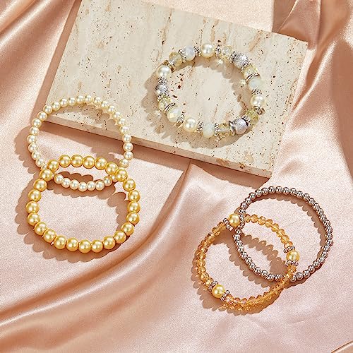 Noessla Beaded Pearl Stretch Bracelet Silver Stackable Crystal Beads Bracelets Trendy Costume Jewelry Mothers Day Gifts for Women - color: Yellow