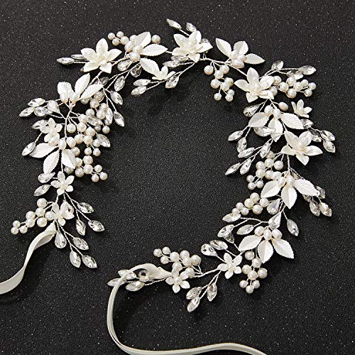 SWEETV Handmade Rhinestone Wedding Headband Flower-Leaf Bridal Headpieces for Wedding Pearl Hair Accessories (Silver) - color: Silver