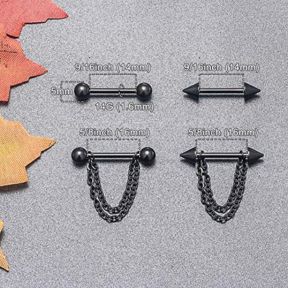 316L Surgical Steel Chain Dangle Nipple Shield Rings 14G Nipplering Barbell Piercing Jewelry for Women Men - color: Black/4Pr