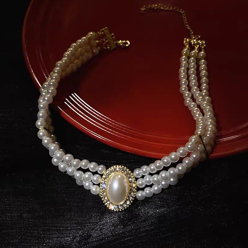 SukAmi Pearl Pendant Necklace Earrings Set 3 Layered White Pearl Jewelry Set Wedding Women Faux Pearl Necklace Multi Strands Choker