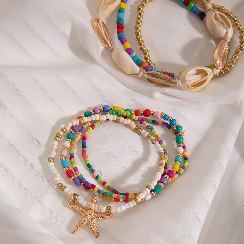 Bohemian Stackable Shell Beaded Ankle Bracelets for Women Colorful Boho Multi-Layer Seashell Gold Starfish Adjustable Handmade Braid Bracelet Summer Beach Holiday Accessories Gifts - color: Multi