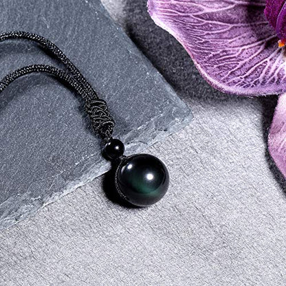 Jovivi Healing Crystals Necklace Natural Tiger Eye Amethyst Lucky Blessing Protection Chakra Beads Stone Pendant for Women Men Adjustable - color: Obsidian Stone + Black Rope