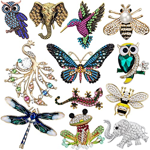 12 Pcs Women Brooches Bulk Vintage Rhinestone Pin Set - style: Animal